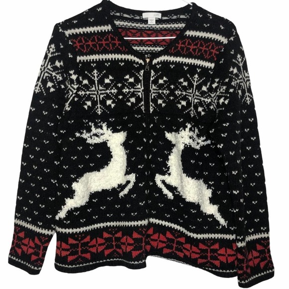RARE J. JILL Fair Isle Christmas Wool Reindeer Sweater Zip Cardigan SP Holiday - Picture 1 of 8